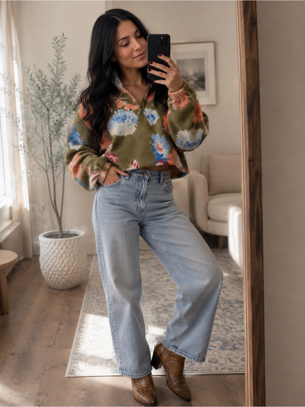 Urban Outfitters Olive Green Floral Teddy Jacket